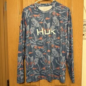 Huk Ocean Palm Pursuit Fishing Shirt Long Sleeves Outdoor UPF 30 Blue Small